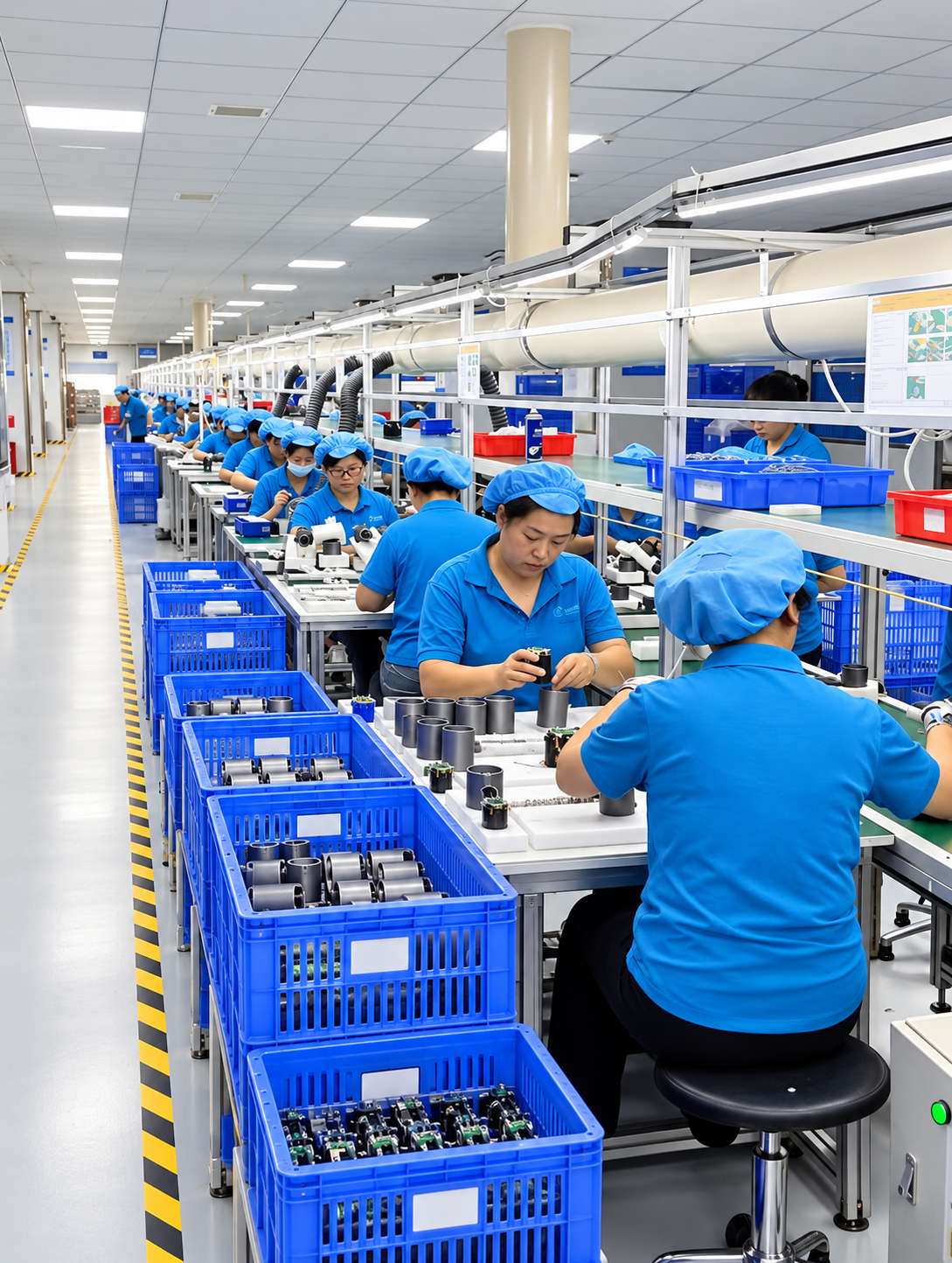 Hair dryer assembly workstations in the supplied factory photograph